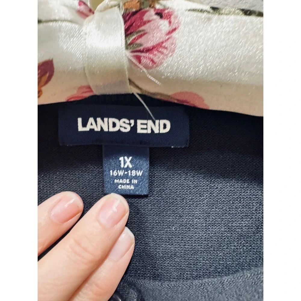 Lands End Black Cotton Crewneck Cardigan Sweater 1X 16W-18W Closet Staple